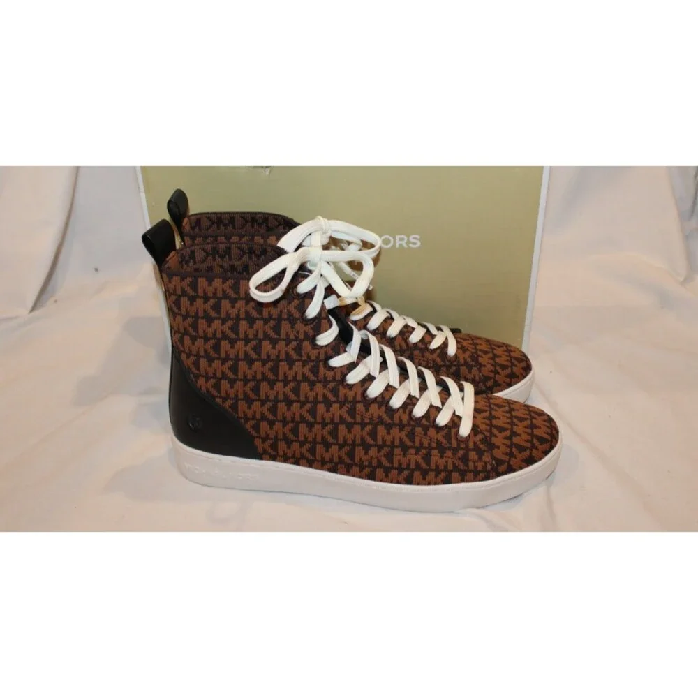 Michael Kors Edie Knit High Top Women's Sneakers Brown MK Monogram Logo sz 9.5